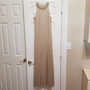 ❤️ Women's Alex Evenings Beige/Tan Gold Pearl Beaded Halter Neckline Dress